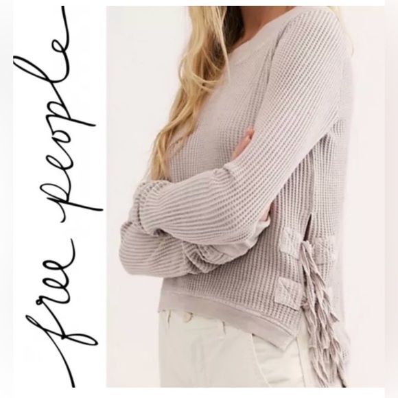 Free People One Interlaken Waffle Knit Thermal, Cropped, Tie Up Sides, Mauve - Picture 1 of 11
